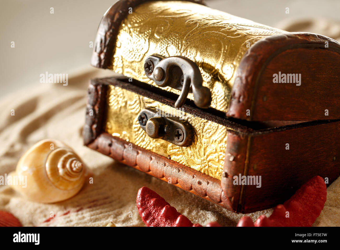 Treasure chest with seashells on sand background Stock Photo Alamy