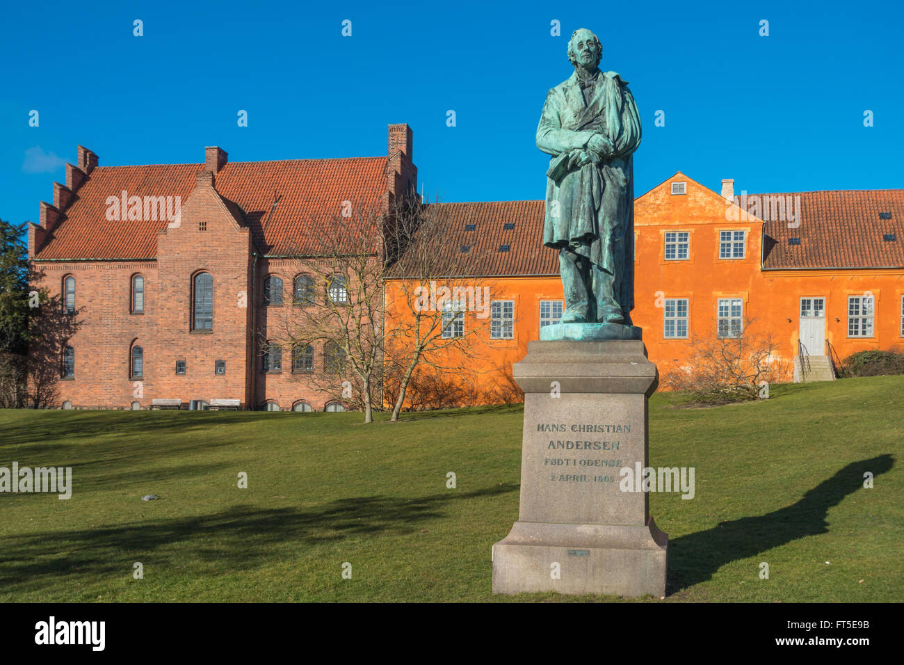 Hans Christian Andersen statue near the river in Odense, Dernmark Stock Photo