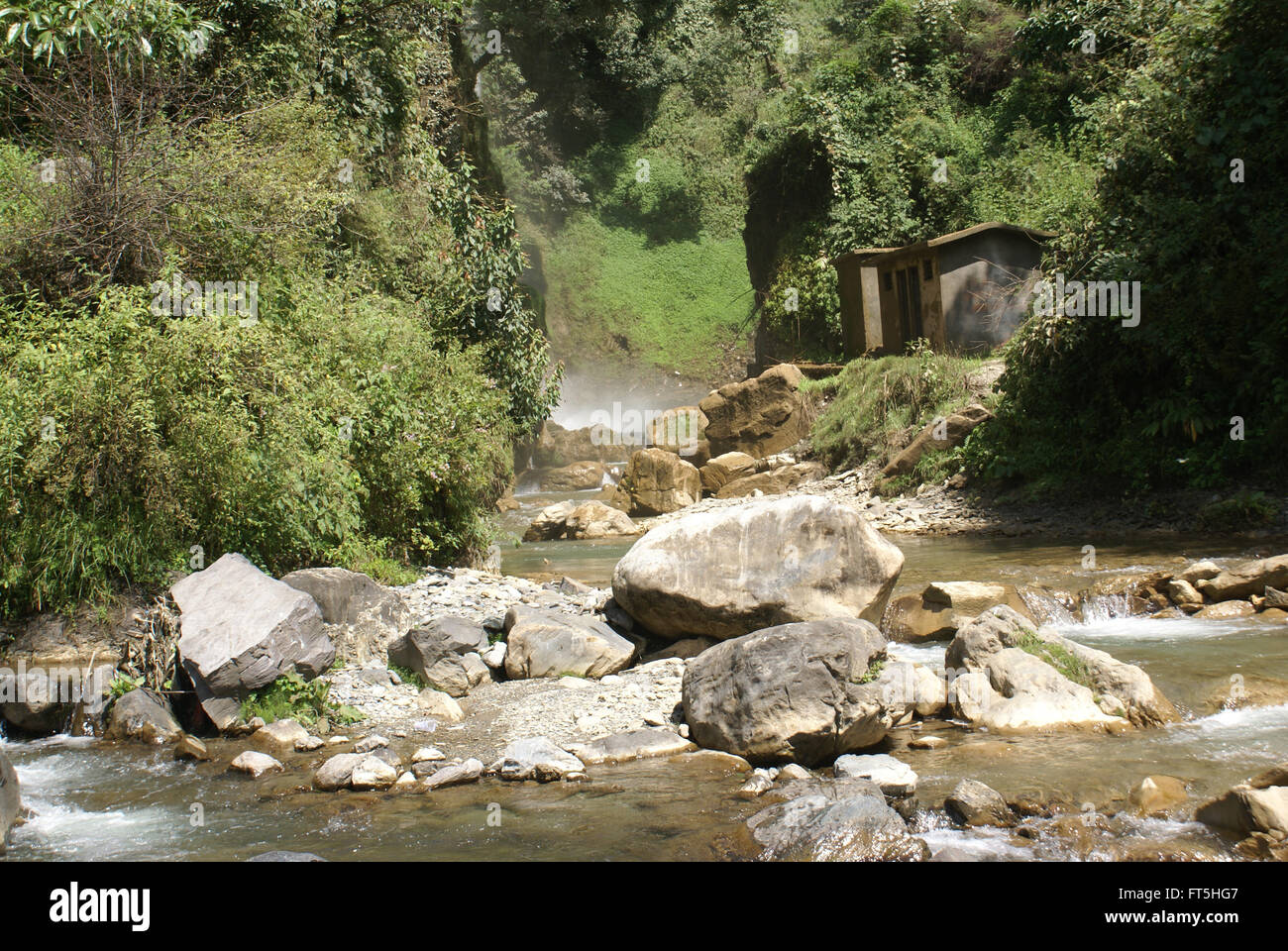 Mountain stream in Chakrata, Uttarakhand, India, with boulders and shrubs along the banks, forested slope behind Stock Photo