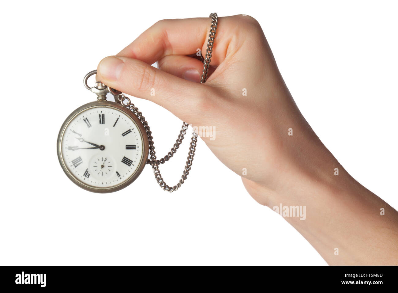 Hand with clock isolated on white background Stock Photo - Alamy