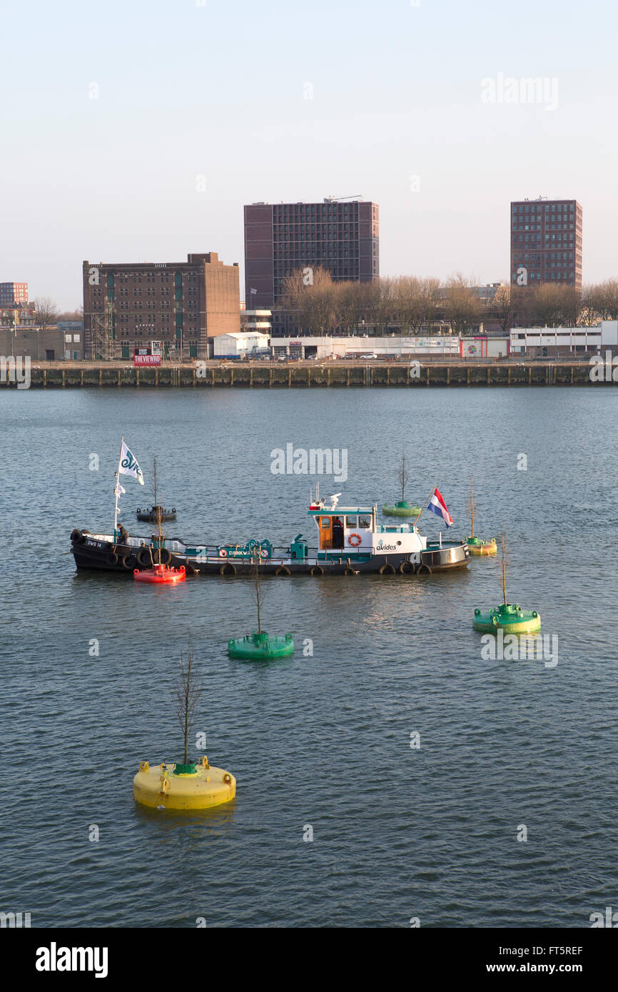 A ship attends buoys at the Bobbing Forest in Rotterdam, the Netherlands. The forest at the Rijnhaven features 20 sea buoys. Stock Photo