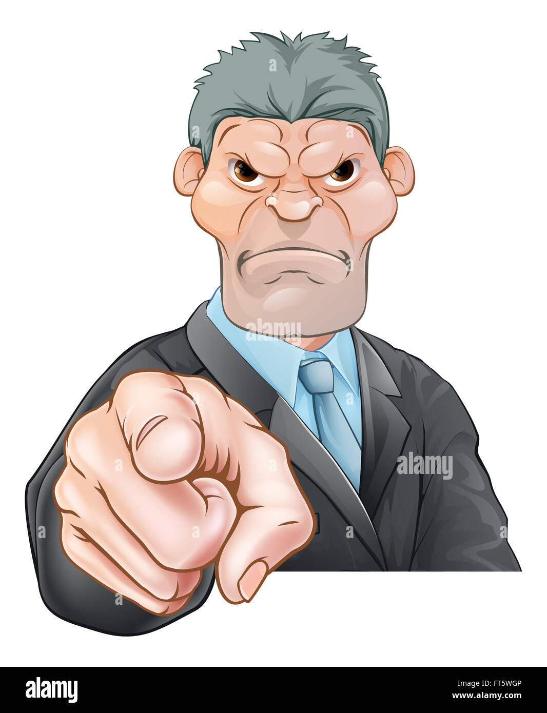A threatening mean looking cartoon businessman, manager, boss or office bully pointing Stock Photo