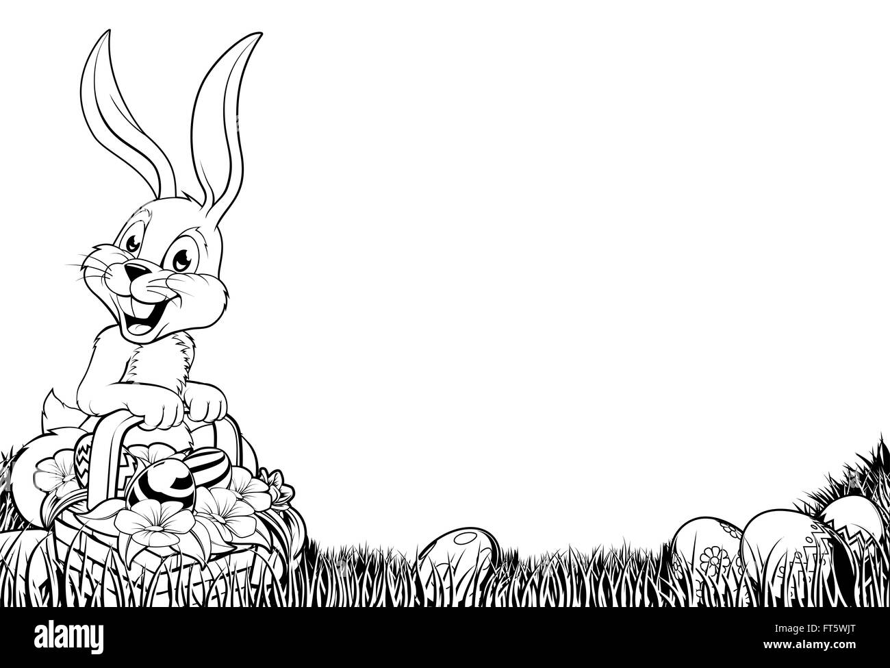An Easter bunny scene in black and white, perfect for printing, photocopying or coloring in Stock Photo