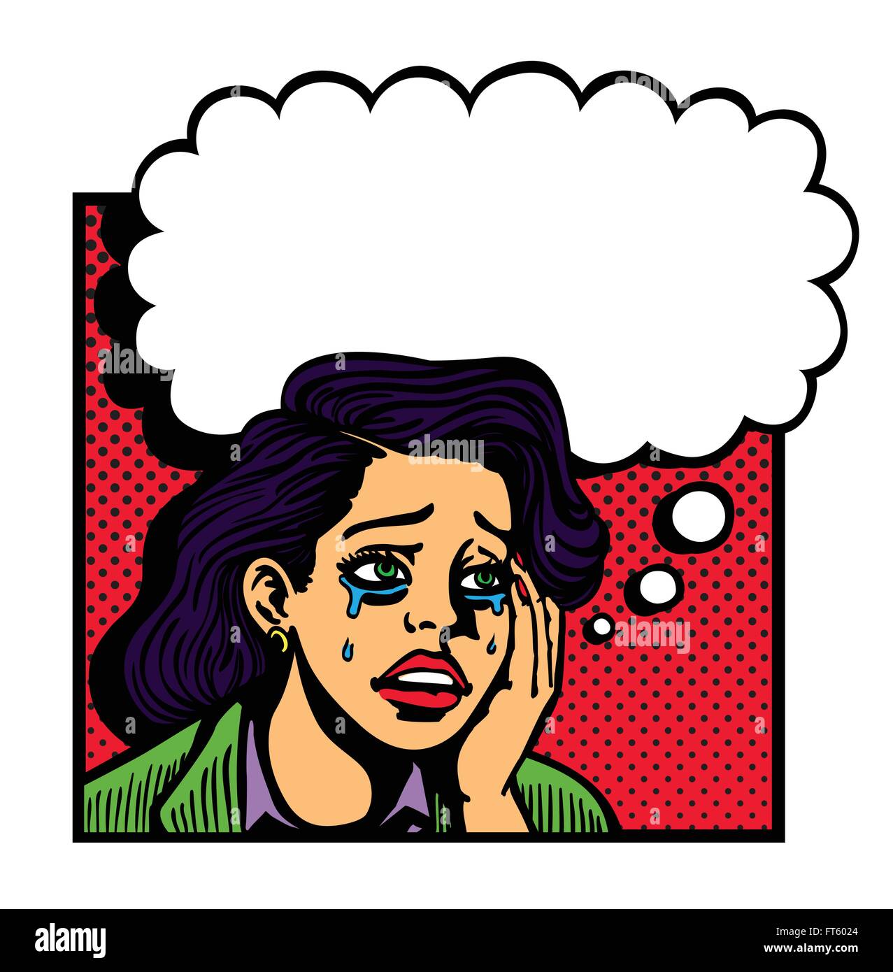 Pop art vintage comic book style vector illustration of sad broken-hearted lovesick girl crying and sighing with speech bubble Stock Vector