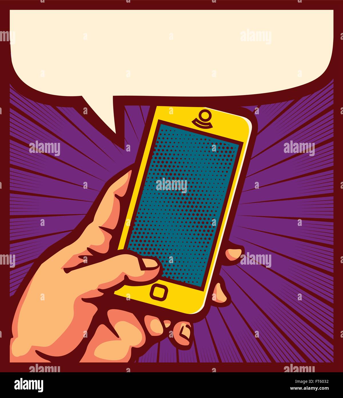 Pop art style hand holding smartphone, comic book panel scene reading message on mobile phone vector illustration Stock Vector