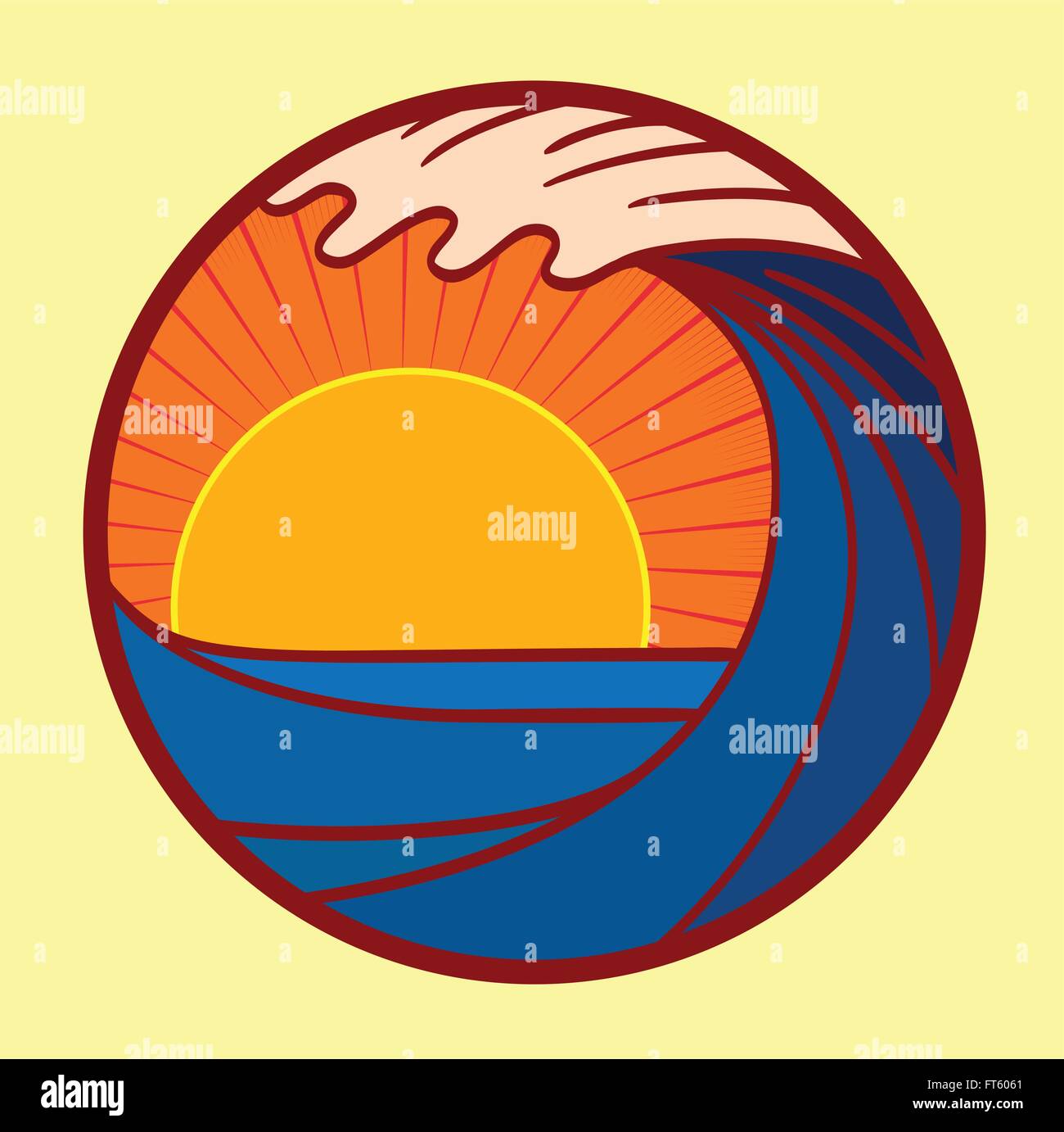 Vector seascape illustration, summer sea with big wave and sun going ...
