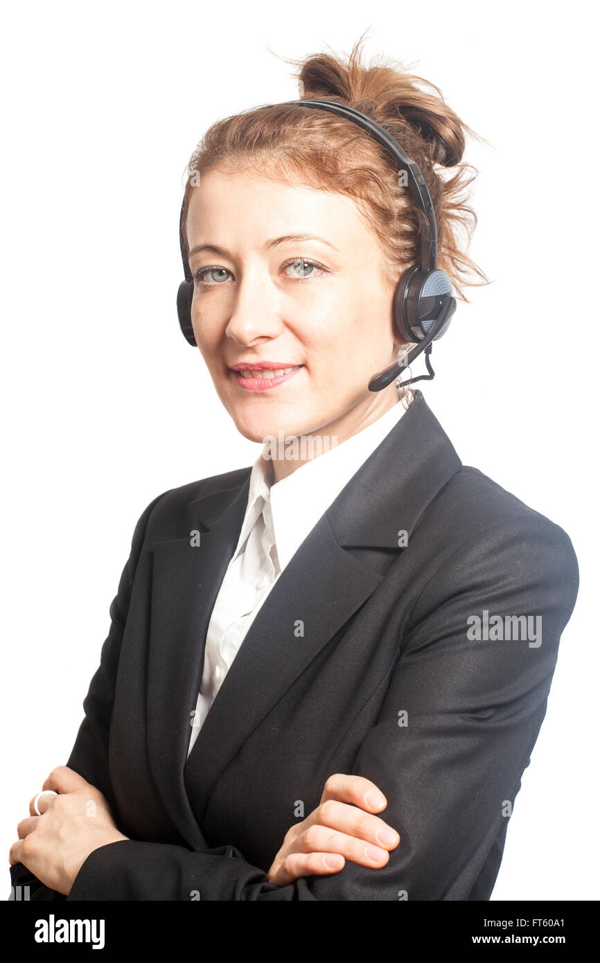 Support phone operator in headset isolated on white Stock Photo Alamy