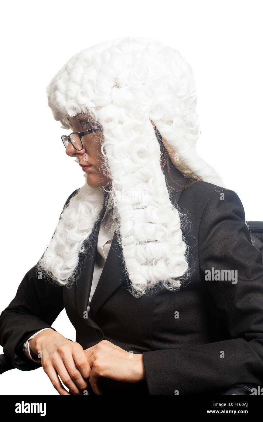 Female judge wearing a wig with eyeglasses isolated on white Stock Photo
