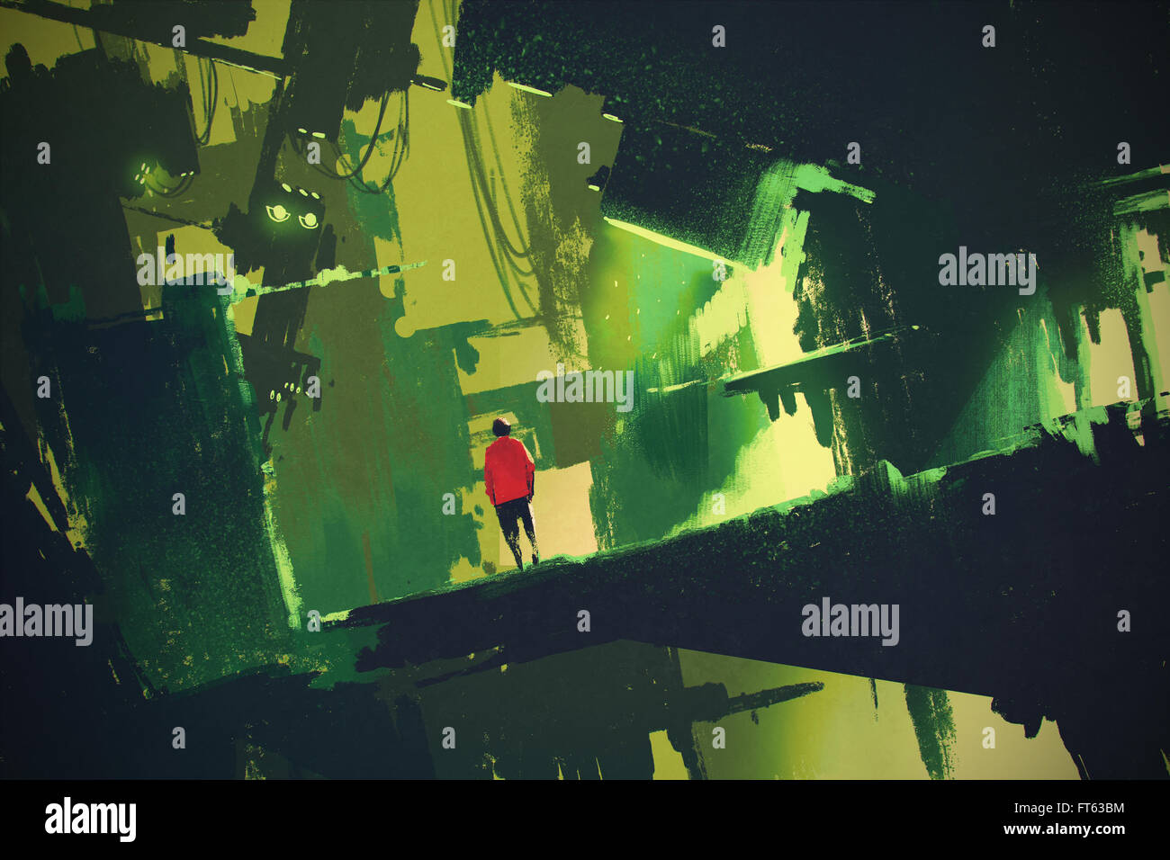 man walking into abstract green city,illustration Stock Photo