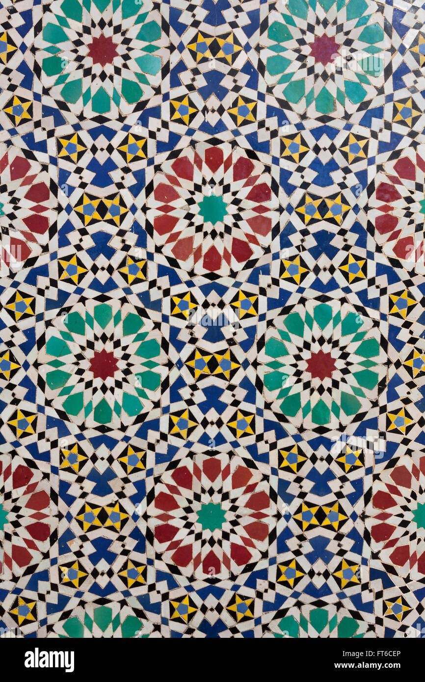 Tiling using Geometric patterns typical to Islamic designs at Royal Palace Gates, Fes, Morocco Stock Photo