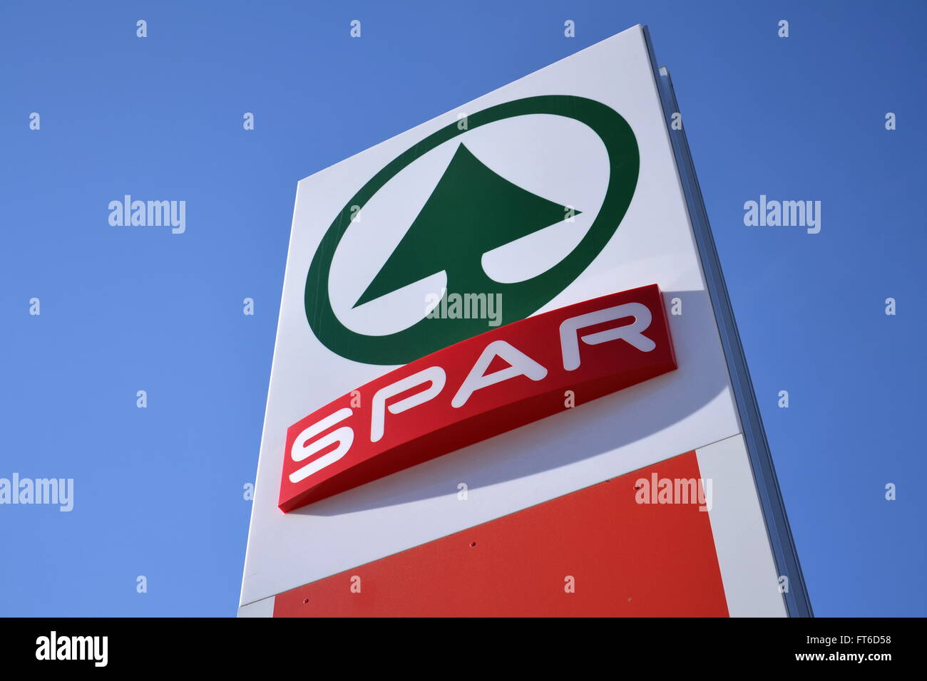 Dutch multinational retail chain and franchise Spar logo in store on March 28, 2012 in Matrei in Osttirol, Austria. Stock Photo