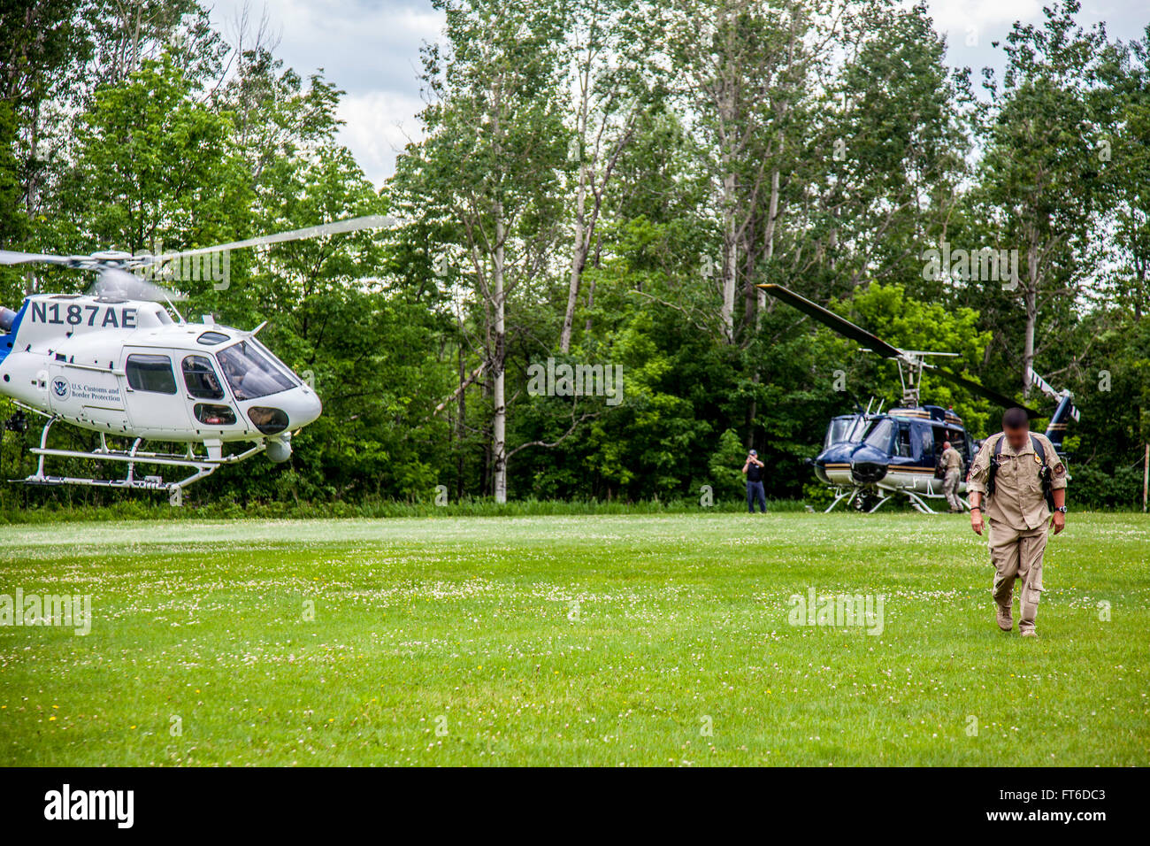 An OAM AS350 takes off from the landing zone in Dannemora NY, on June