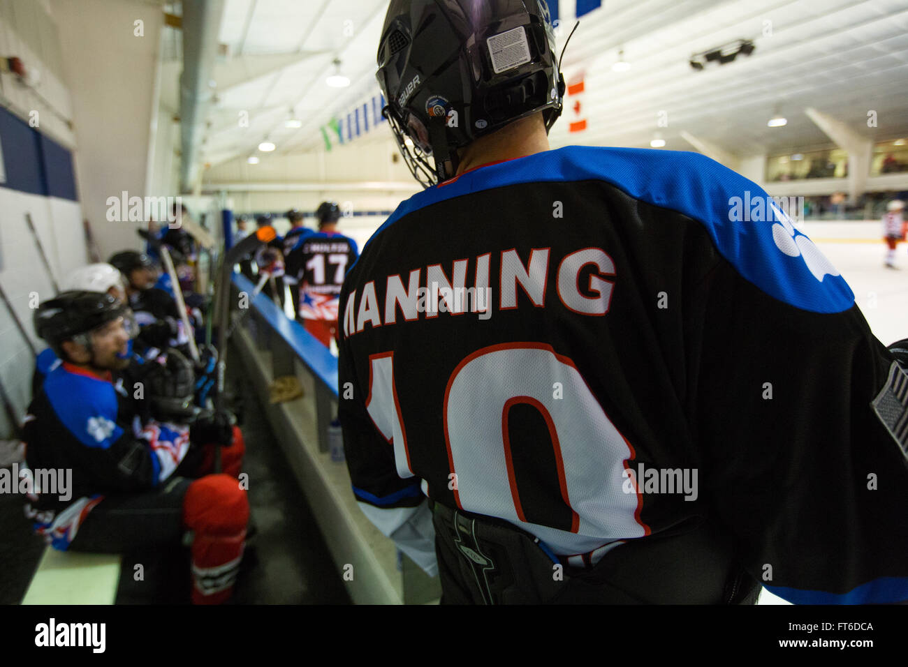 The CBP/ICE hockey team defeats Homeland Security's hockey team 4-2 in the first round of the World Police and Fire Games being held in Reston Virginia on June 27, 2015. The games attract over 10,000 participants to the competition. Photo by James Tourtellotte Stock Photo