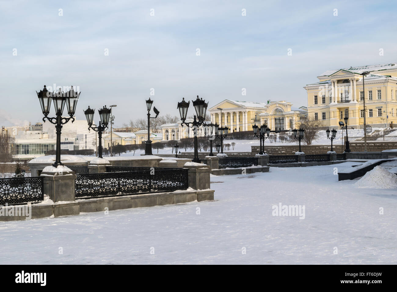 Yekaterinburg cityscape from Saviour on Blood ?athedral to Rastorguevs house in winter Stock Photo