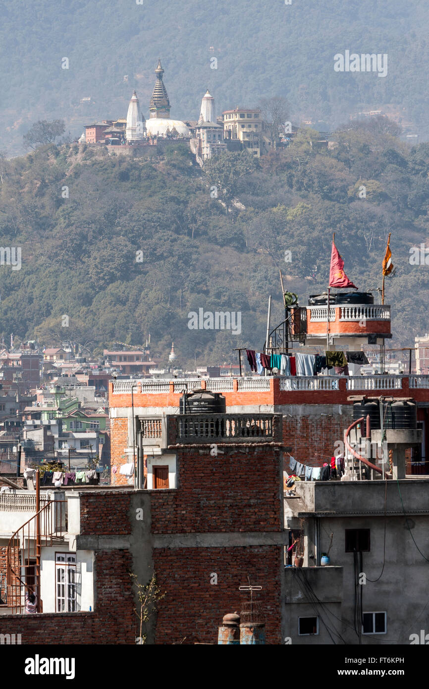 Nepal, Kathmandu.  Swayambhunath Temple from Kathmandu Durbar Square, February 19, 2009, prior to April 2015 earthquake. Stock Photo