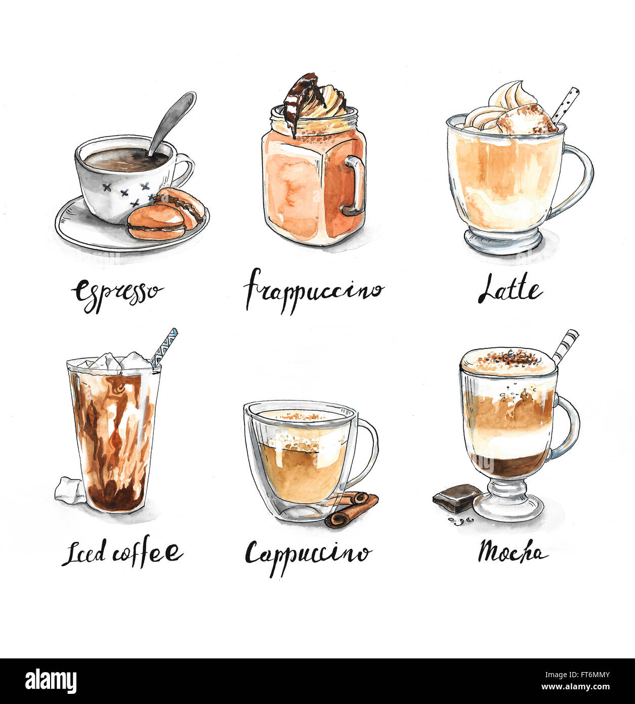 Collection of different coffee espresso, frappuccino, latte, iced