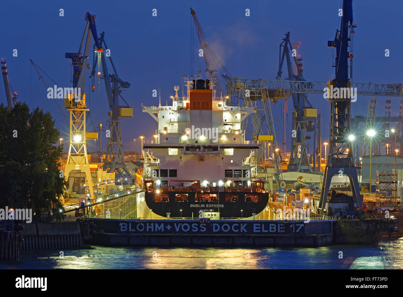 Container ship in a dry dock in the port of Hamburg, Hamburg, Germany, Europe Stock Photo