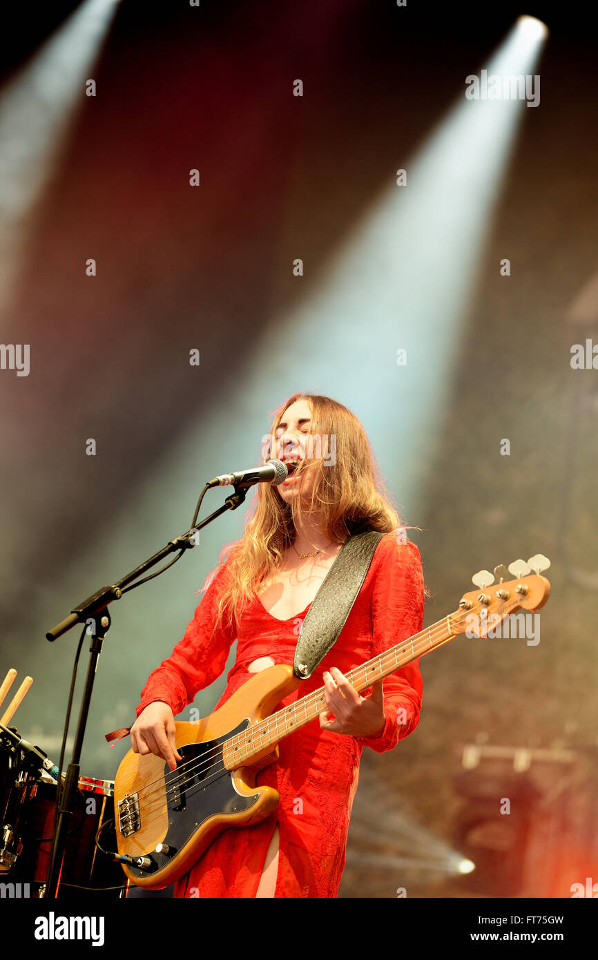 Barcelona May 30 Bass Guitar Player Haim Band Performs With A Red Dress At Heineken 9648