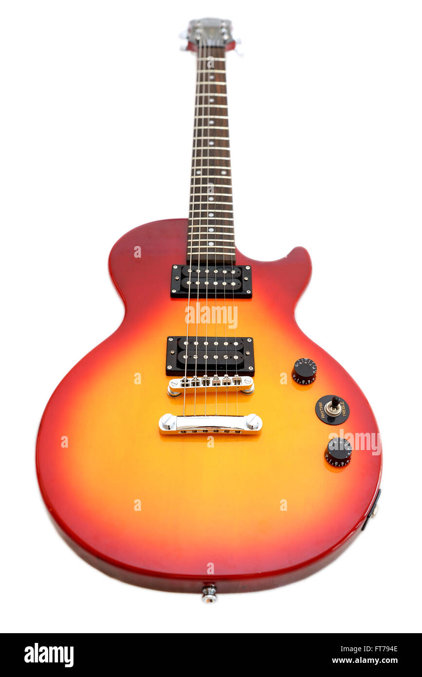 BARCELONA, SPAIN - OCT 7, 2014: Electric guitar Epiphone Les Paul Special II, in Heritage Cherry Sunburst color. Stock Photo