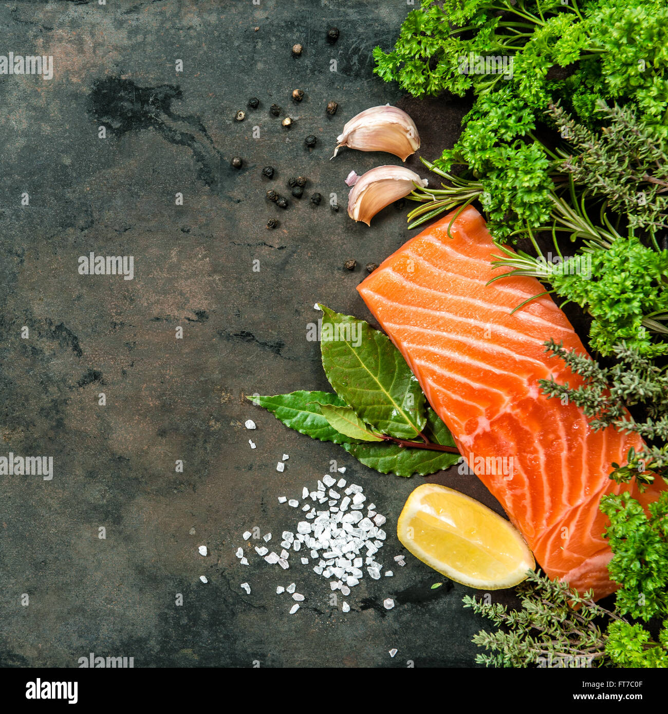 Salmon fish fillet with herbs and spices. Seafood Stock Photo Alamy