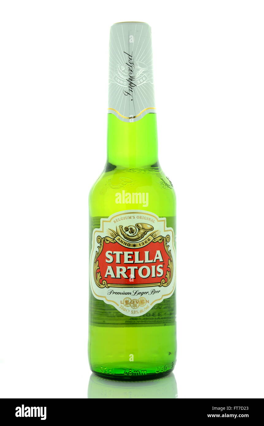 Stella Artois pilsner beer isolated on white background. Stella Artois