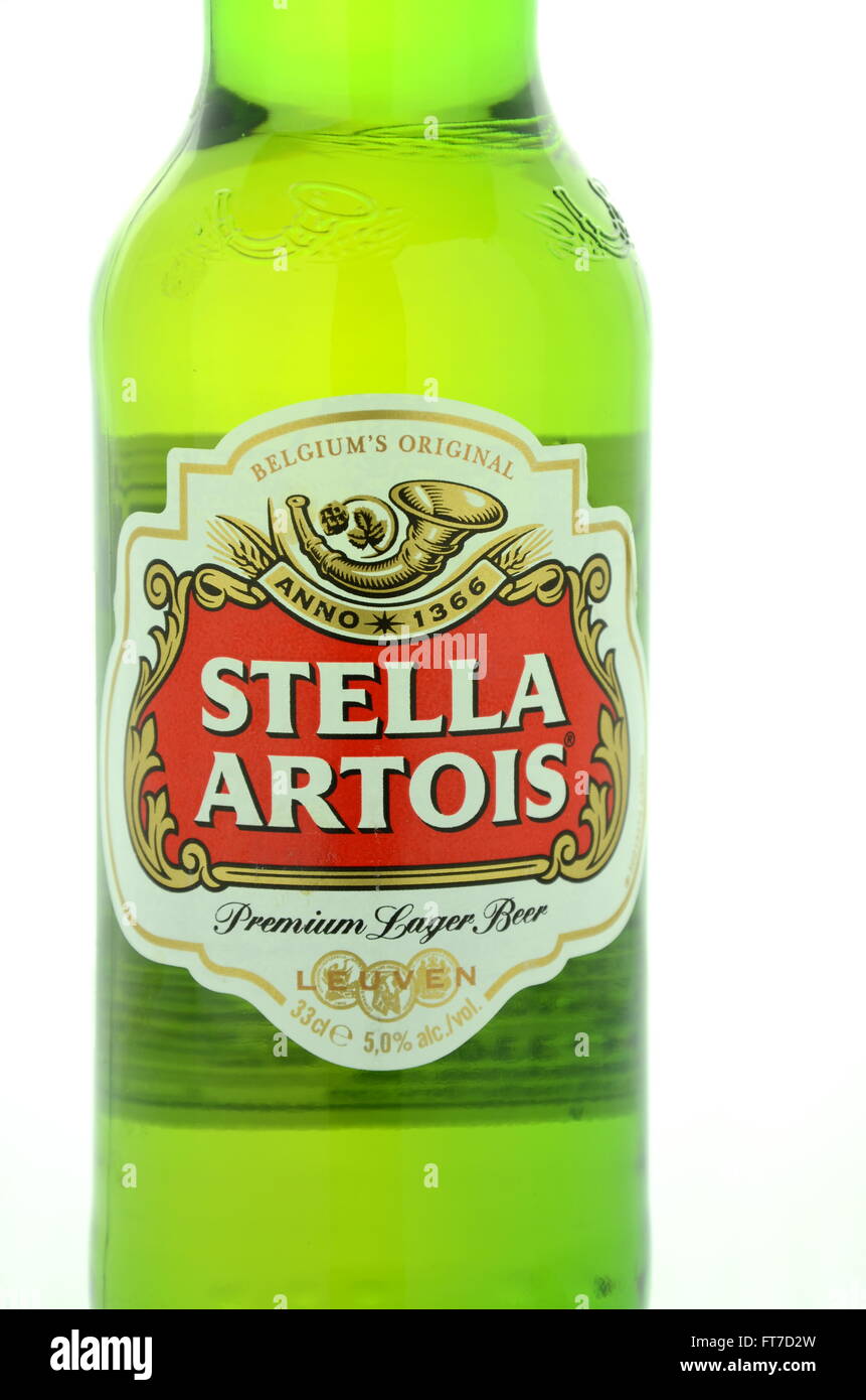 Stella Artois pilsner beer isolated on white background. Stella Artois