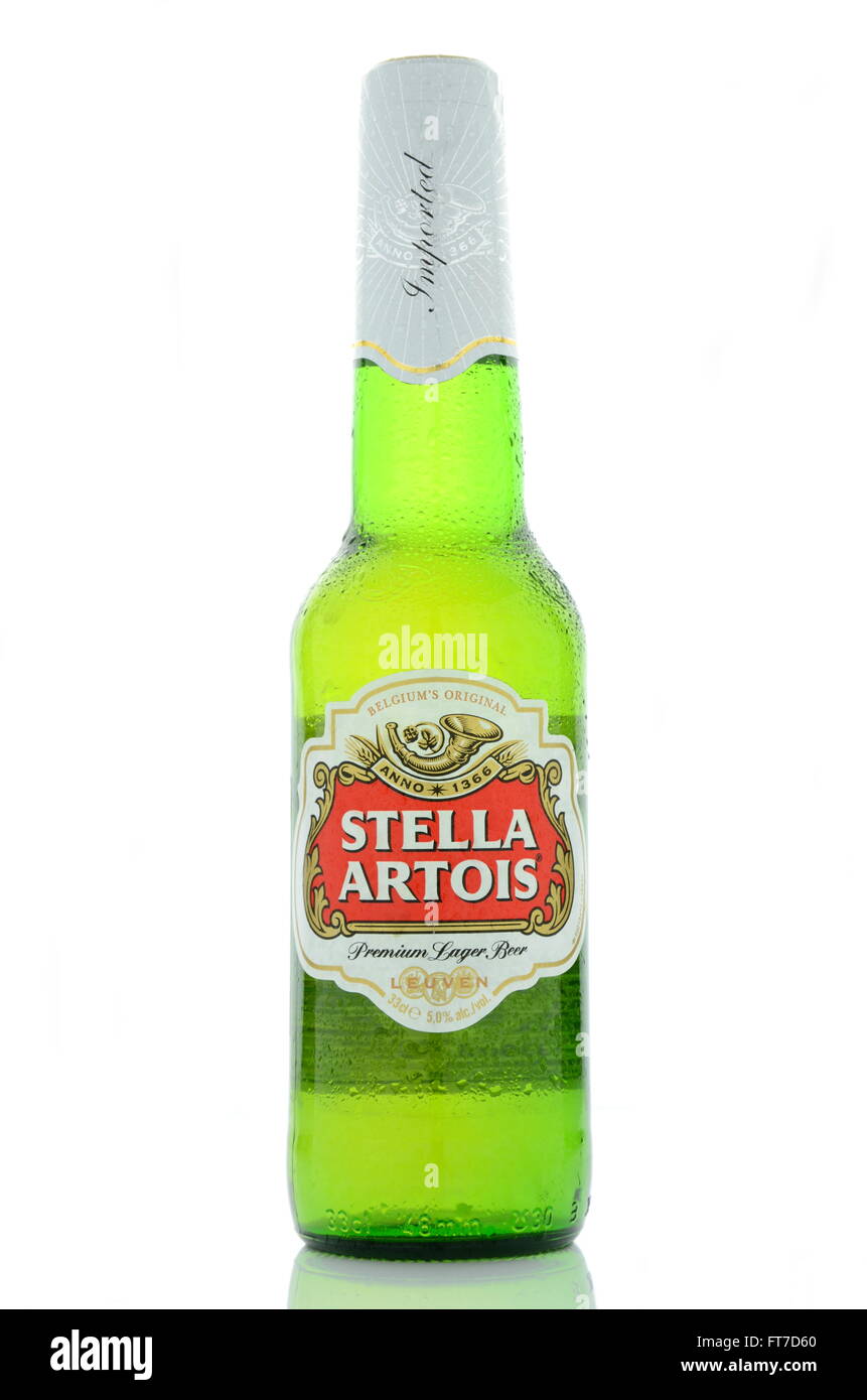 Stella Artois pilsner beer isolated on white background. Stella Artois