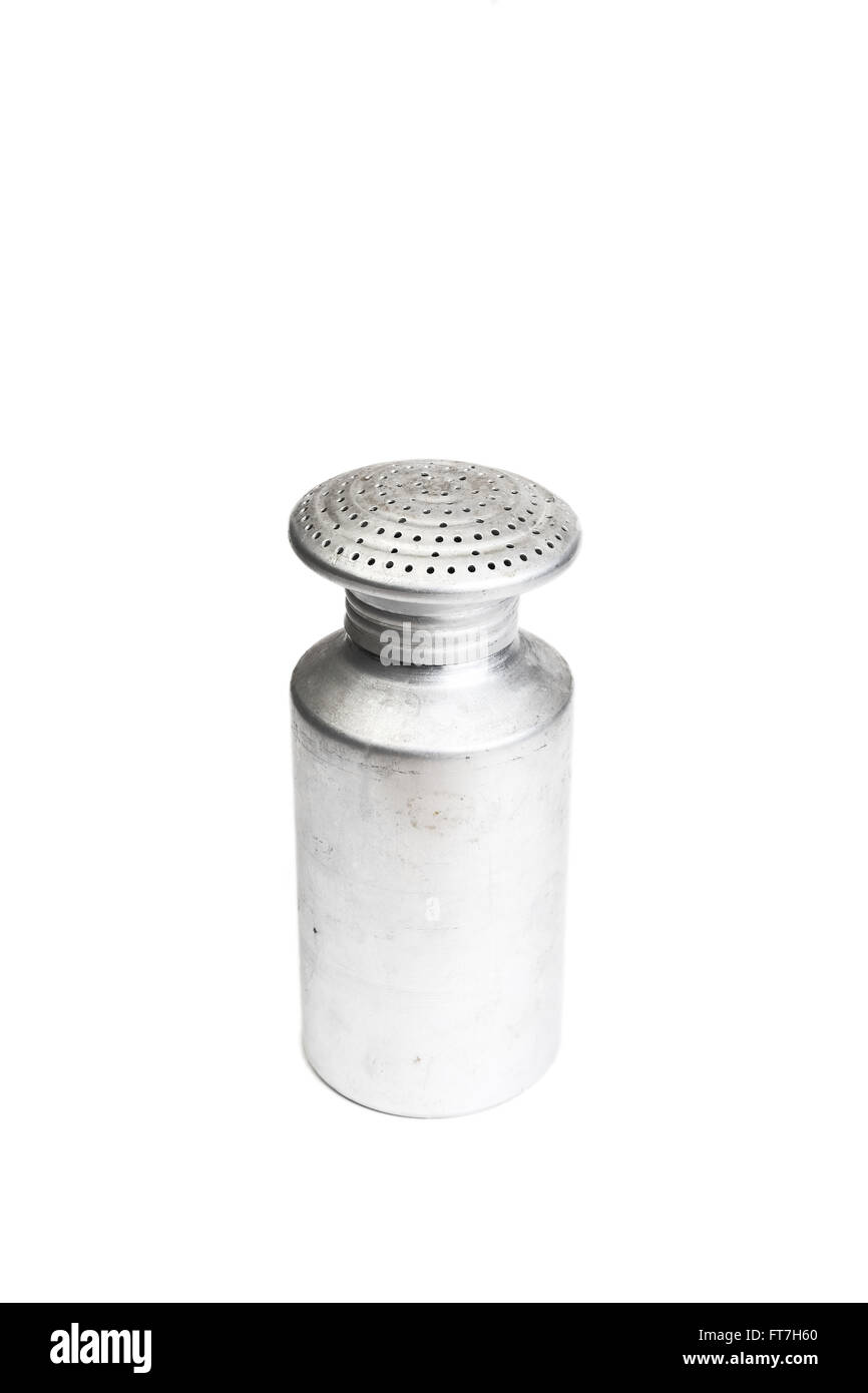 Salt shaker of aluminum on white background Stock Photo