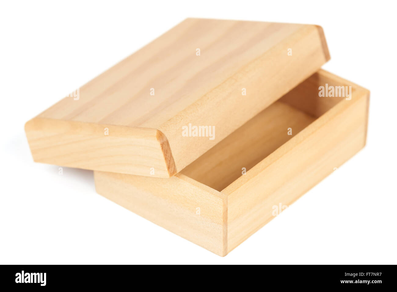 Small open wooden box isolated on white background Stock Photo