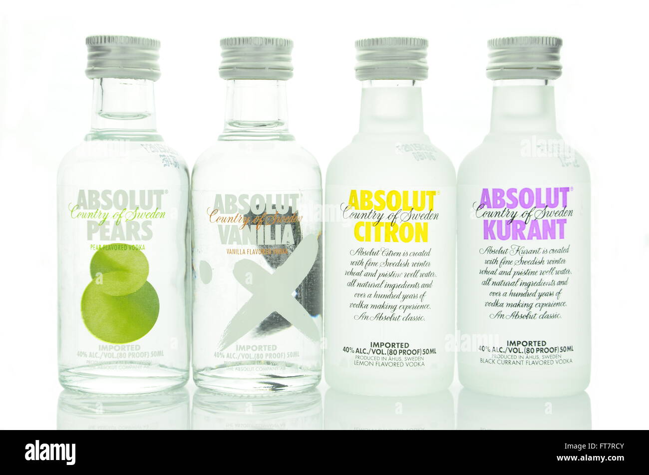 Variety of Absolut flavoured vodka isolated on white. Stock Photo