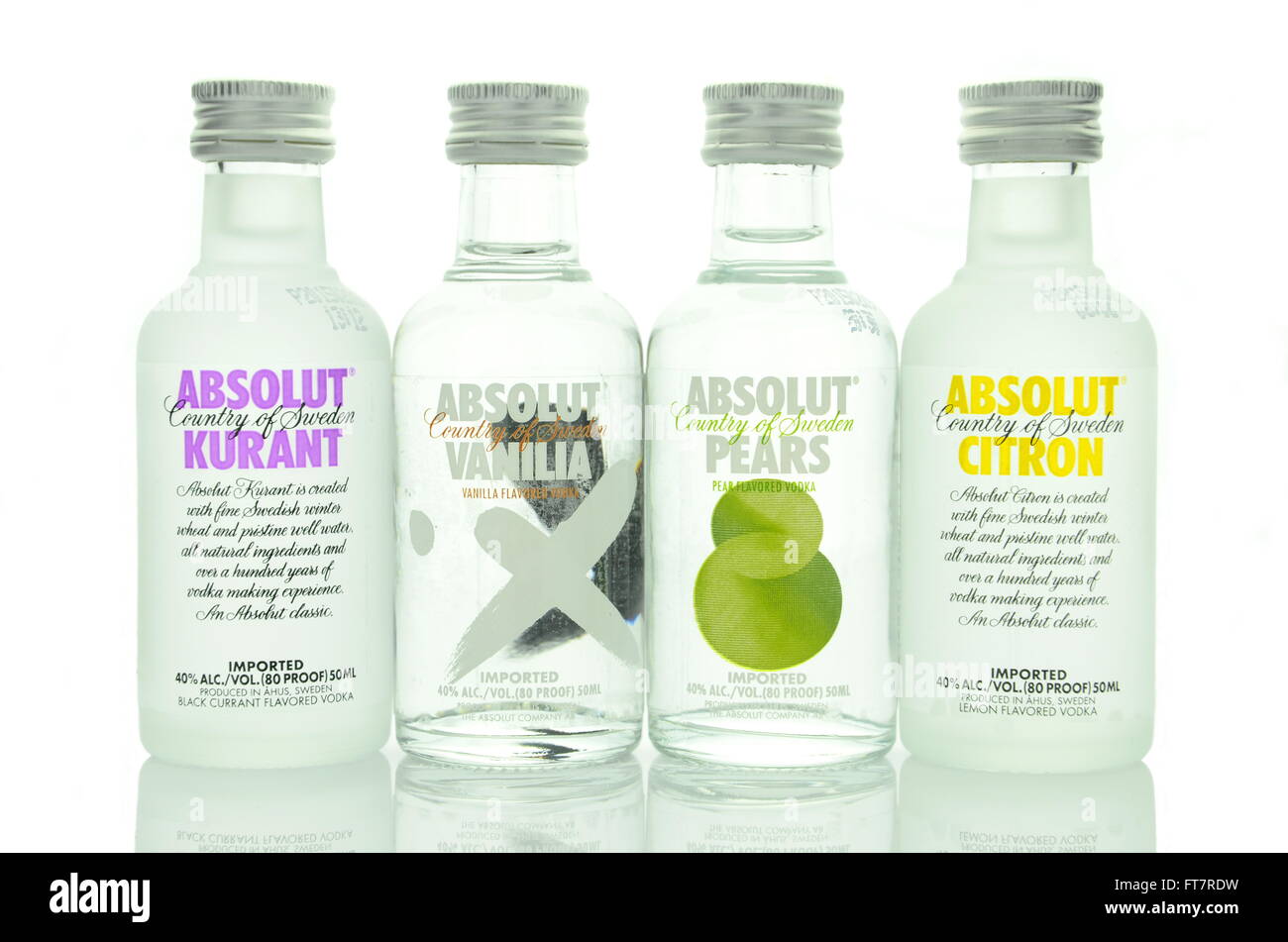 Variety of Absolut flavoured vodka isolated on white. Stock Photo