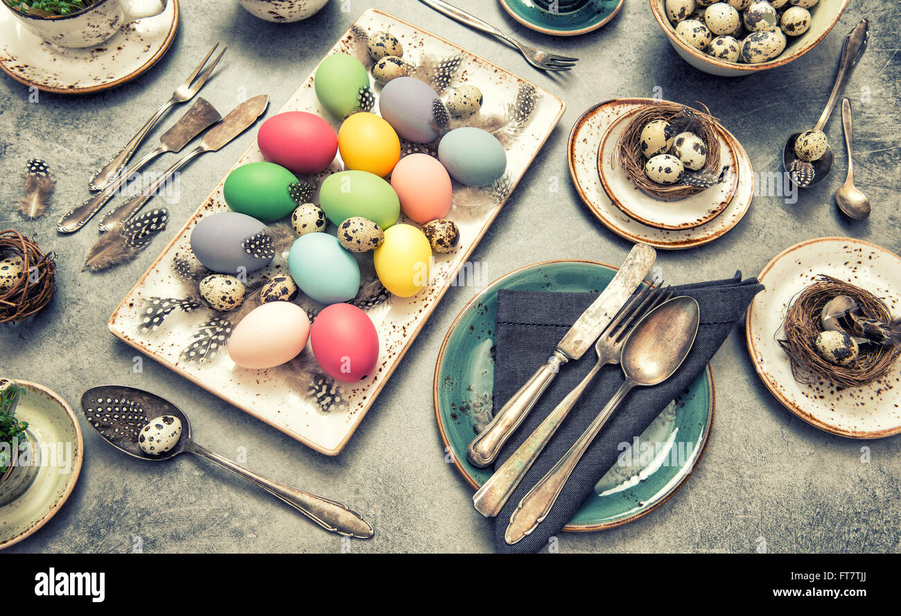 Table Place Setting Decoration With Colorful Eggs Easter Dinner