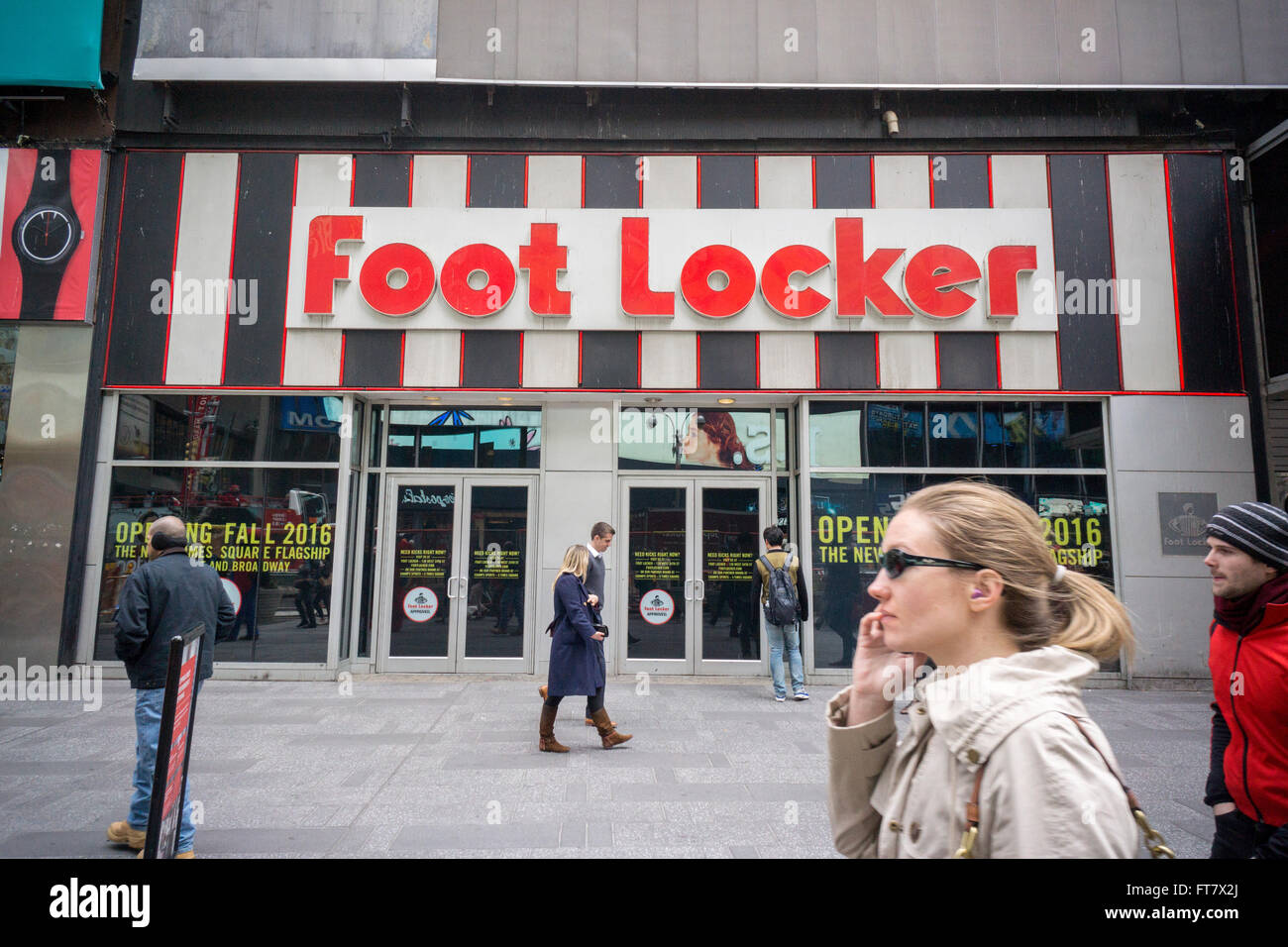 A closed Foot Locker store in Times Square in New York is seen on Friday, March 18, 2016.   (© Richard B. Levine) Stock Photo