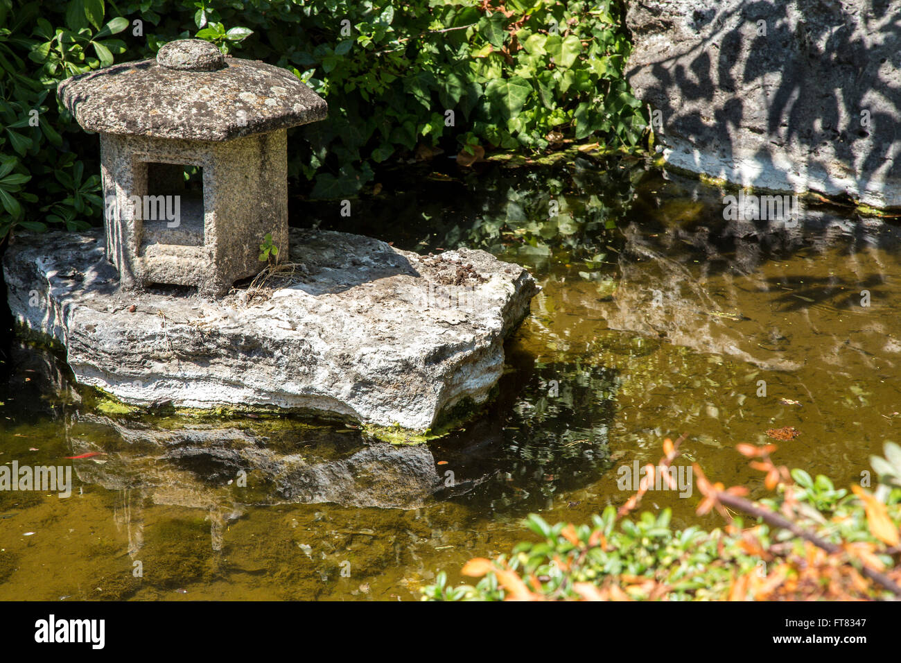 View on green water in an ornamental oriental garden pool with stone decorative construction Stock Photo