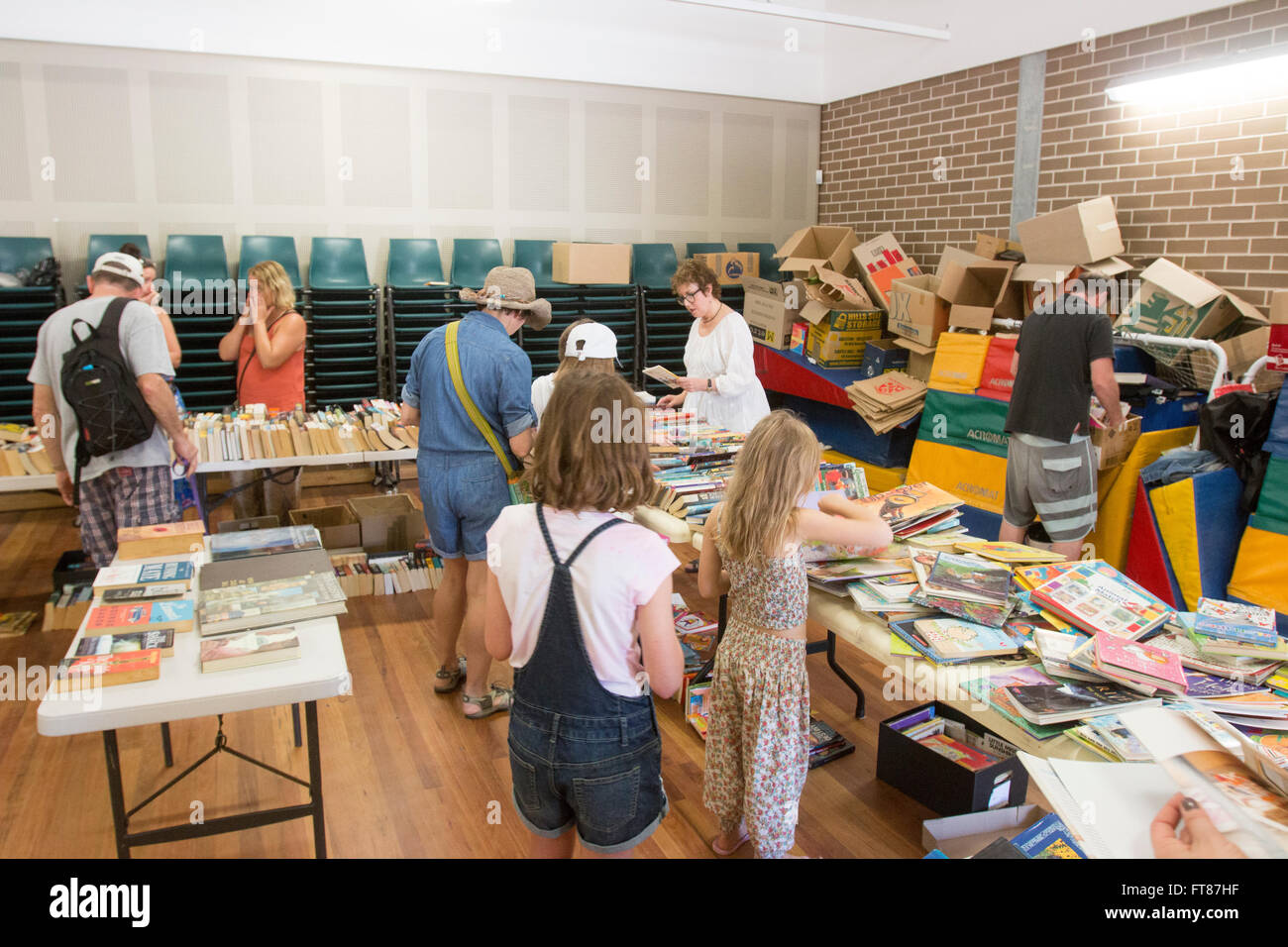Second hand books on sale inside a classroom at a primary school fete fair in Sydney, NSW