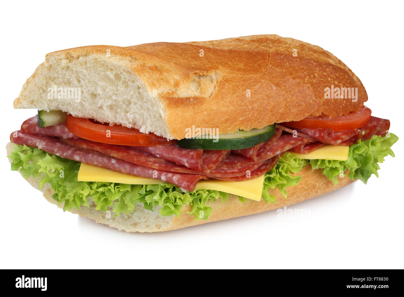 Sub sandwich baguette with salami ham, cheese, tomatoes and lettuce for