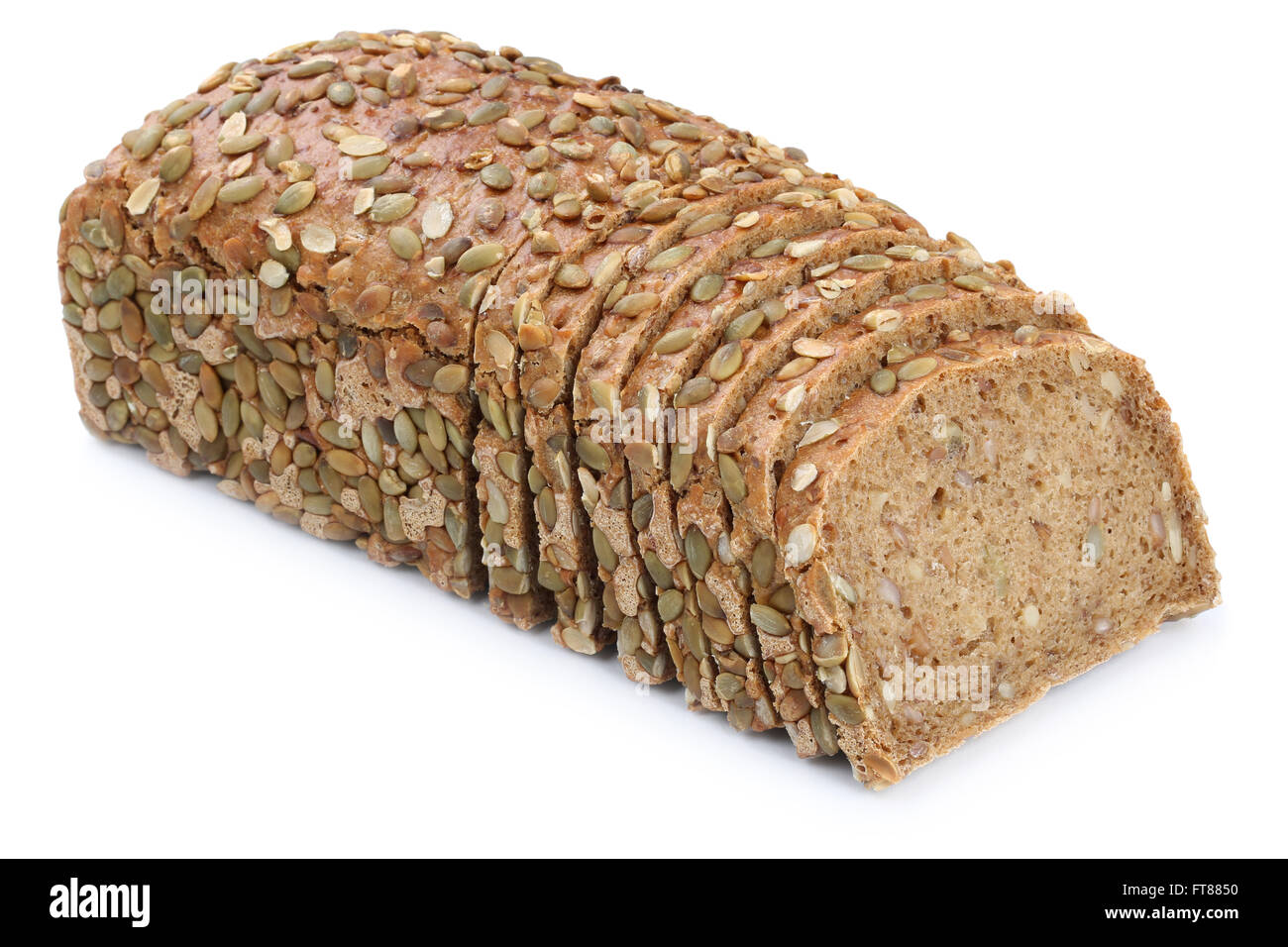 Pumpkin seed bread in slices sliced isolated on a white background bakery Stock Photo