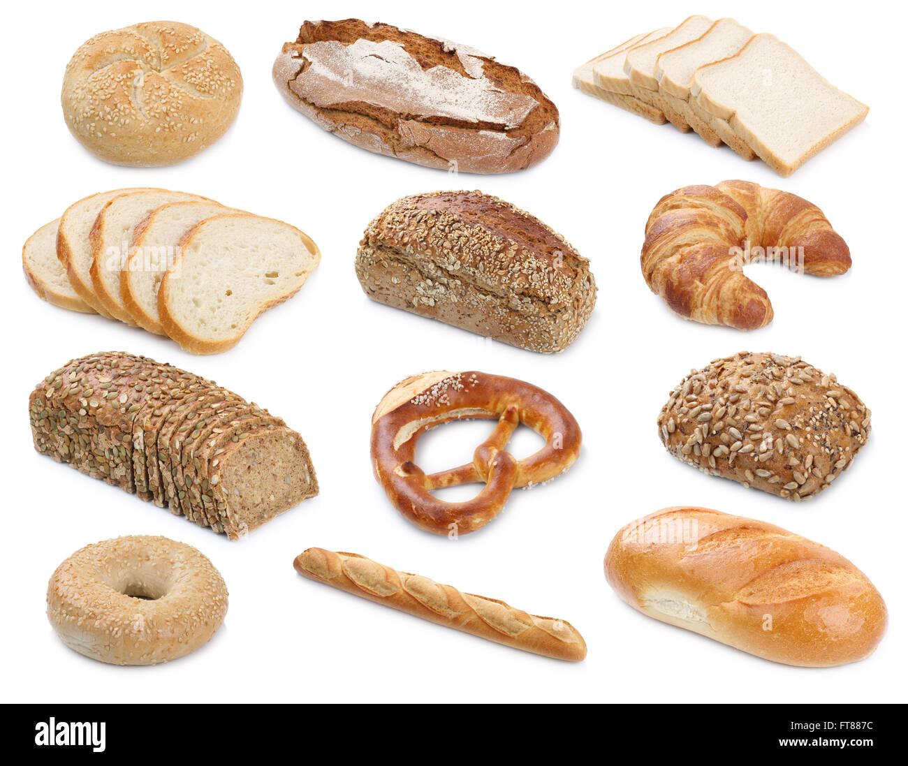 Collection of bread breads bagel roll toast baguette pretzel isolated on a white background bakery Stock Photo