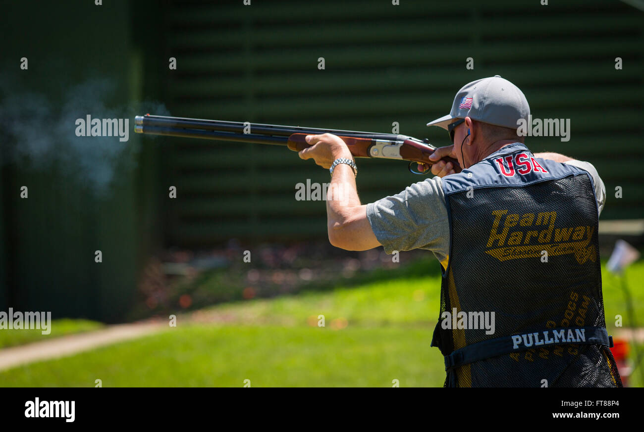 Michael Pullman of CBP's Office of Air and Marine participates in the Trap Shooting event at the World Police and Fire Games in Centreville Virginia. Photo by James Tourtellotte Stock Photo