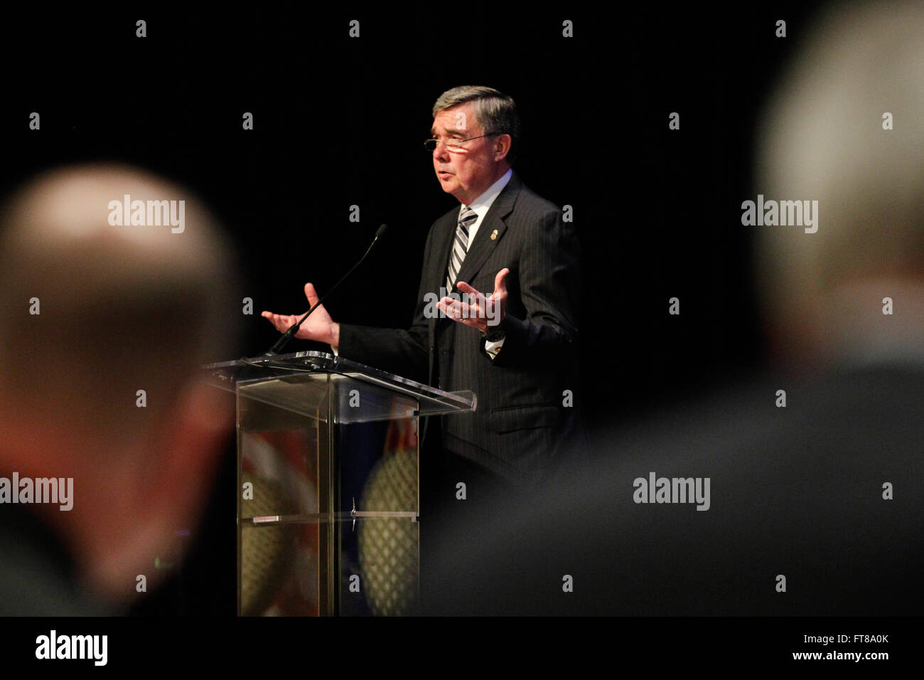 U.S. Customs and Border Protection Commissioner R. Gil Kerlikowske delivers opening remarks at the 2015 East Coast Trade Symposium held in Baltimore, Md., Nov. 4, 2015. (U.S. Customs and Border Protection Photo by Glenn Fawcett) Stock Photo