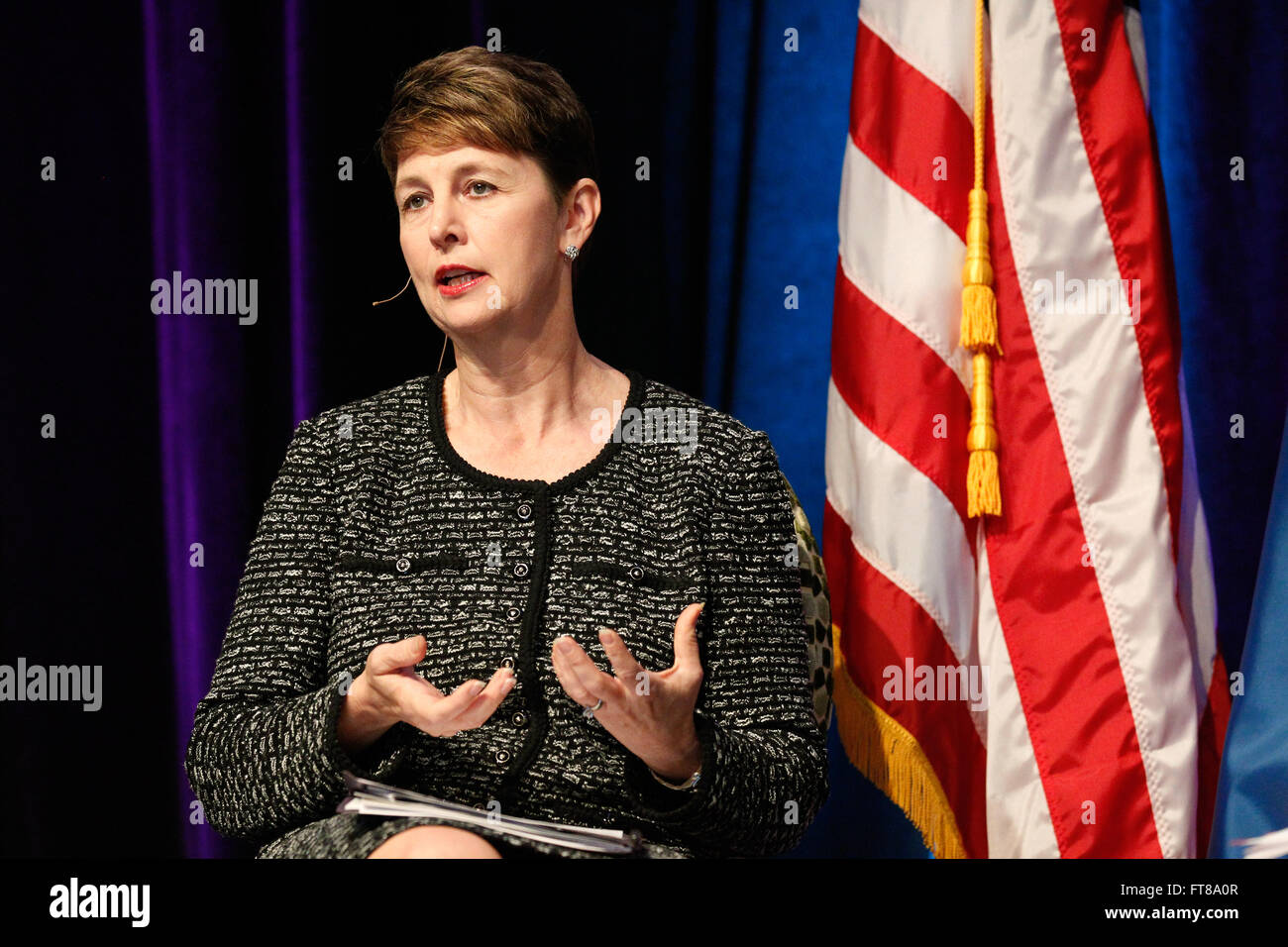 Assistant Commissioner of the Office of International Trade, CBP, Brenda Smith offers her thoughts during a panel discussion titled 'Borders Reimagined' at the 2015 East Coast Trade Symposium held in Baltimore, Md., Nov. 4, 2015. (U.S. Customs and Border Protection Photo by Glenn Fawcett) Stock Photo