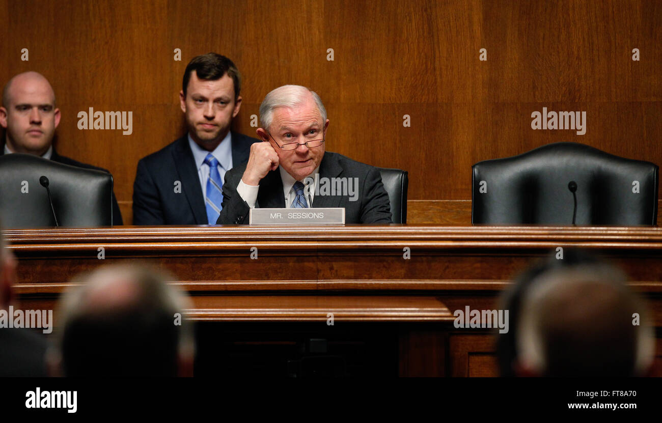 Senate Judiciary Committee Chairman Sen. Jeff Sessions (R-AL) asks questions of a panel of Department of Homeland Security officials John Wagner, deputy assistant commissioner of the U.S. Customs and Border Protection's Office of Field Operations; Anh Duong, director of Border and Maritime Division of Homeland Security's Advanced Research Projects Agency; Craig Healy, assistant director of Immigration and Customs Enforcement's National Security Investigations Division; and Rebecca Gambler,director of Homeland Security and Justice Issues of the U.S. Government Accountability Office, as they tes Stock Photo