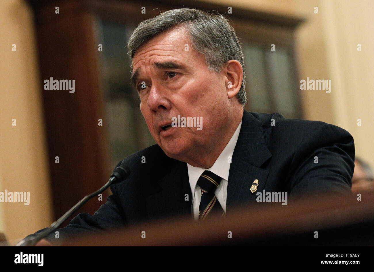 U.S. Customs and Border Protection Commissioner R. Gil Kerlikowske testifies on the Visa Waiver Program Improvement and Terrorist Travel Prevention Act before the House Homeland Security Committee in Washington, D.C., Feb. 10, 2016. (CBP Photo by Glenn Fawcett) Stock Photo