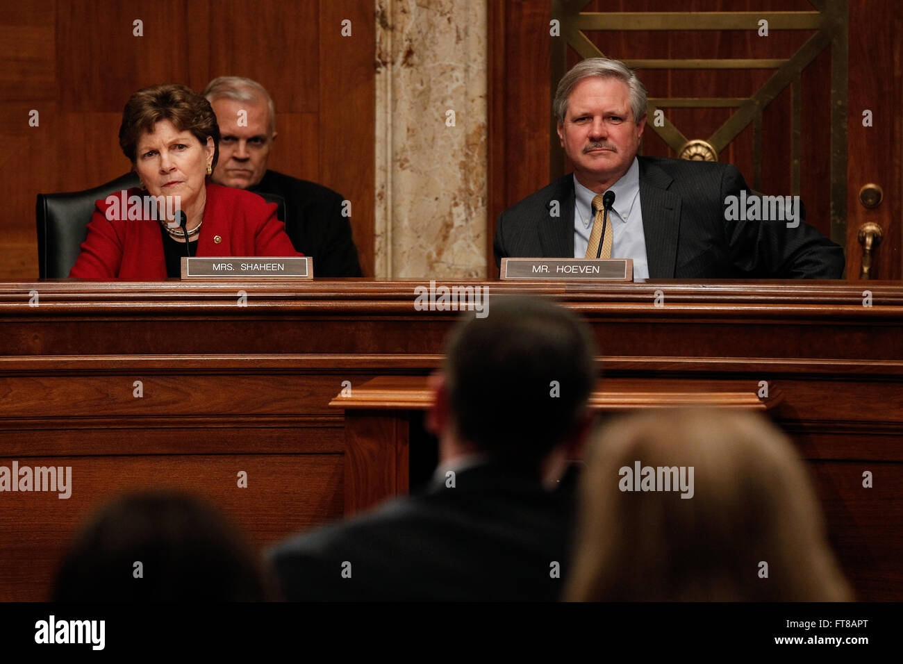 Chairman John Hoeven, right, and Ranking Member Jeanne Shaheen listen as Deputy Commissioner of U.S. Customs and Border Protection Kevin McAleenan testifies before the Senate Appropriations Subcommittee on Homeland Security in Washington, D.C., March 8, 2016. (U.S. Customs and Border Protection Photo by Glenn Fawcett) Stock Photo