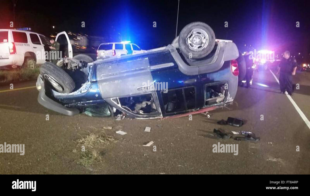 EDINBURG, Texas – U.S. Border Patrol agents provided first aid to the passenger of a Jeep Liberty that was involved in a rollover accident near a SUV rollover on US 281 north of Edinburg Ramseyer Road and U.S. Highway 281 North. Agents were heading back to their station when they witnessed a rollover in which a man was ejected from the vehicle. The agents immediately called an ambulance and began performing first aid on the man who was not breathing at the time. With the assistance of an off-duty fireman, the agents opened the victim’s airway and also applied pressure to a head wound. Stock Photo