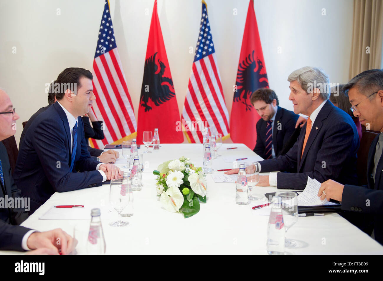 U.S. Secretary of State John Kerry sits with Albanian Opposition Party Leader Lulzim Basha at the Rogner Hotel in Tirana, Albania, at the outset of their bilateral meeting on February 14, 2016. [State Department photo/ Public Domain] Stock Photo