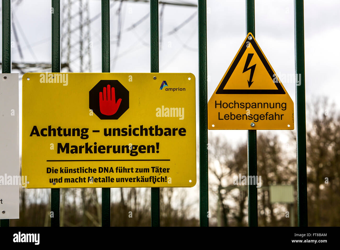 Warning sign at a substation, invisible markings, artificial DNA, on metal, Gelsenkirchen, Germany Stock Photo