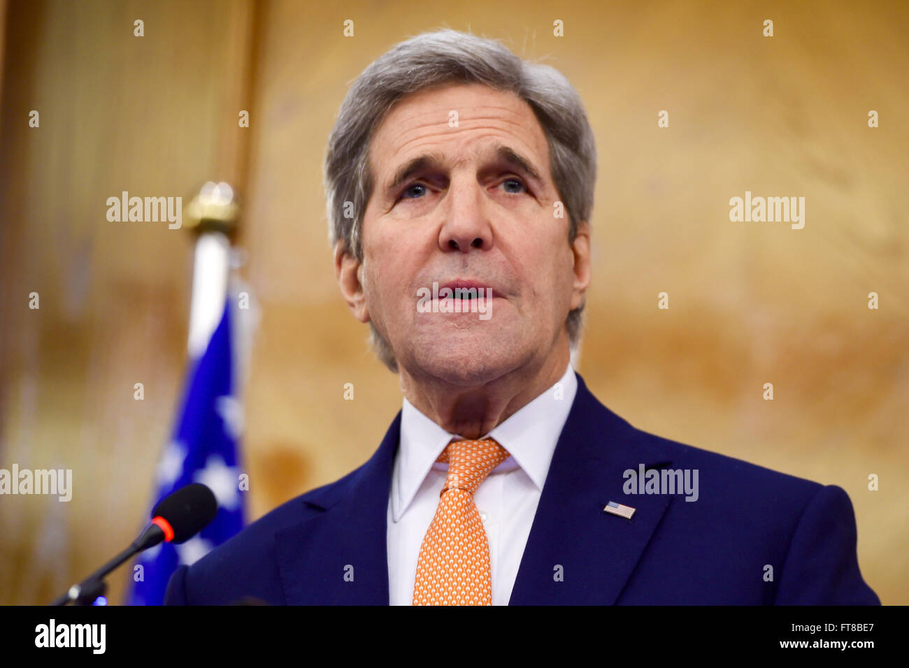 U.S. Secretary of State John Kerry addresses reporters during a joint news conference with Jordanian Foreign Minister Nasser Judeh following a bilateral meeting on February 21, 2016, at the Ministry of Foreign Affairs in Amman, Jordan. [State Department photo/ Public Domain] Stock Photo