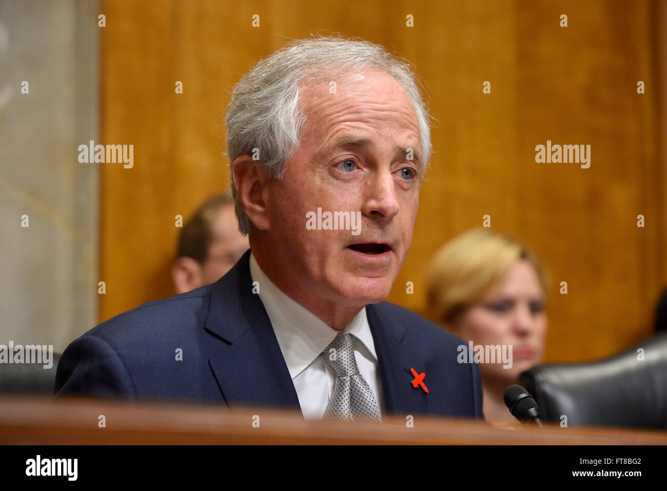 Senator Bob Corker of Tennessee, the Chairman of the Senate Foreign Relations Committee, addresses U.S. Secretary of State John Kerry on February 23, 2016, on Capitol Hill in Washington, D.C., during a discussion the Obama Administration's 2017 federal budget request. [State Department photo/ Public Domain] Stock Photo