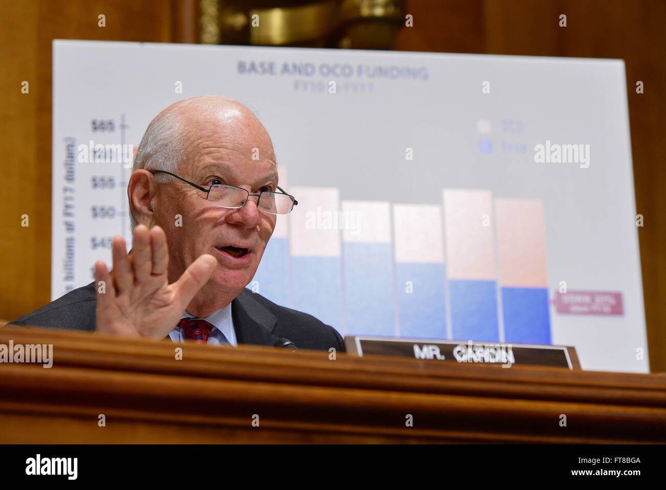 Senator Ben Cardin of Maryland, the ranking Democrat on the Senate Foreign Relations Committee, addresses U.S. Secretary of State John Kerry on February 23, 2016, on Capitol Hill in Washington, D.C., during a discussion the Obama Administration's 2017 federal budget request. [State Department photo/ Public Domain] Stock Photo